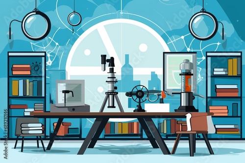 Science communicator in a laboratory setting, Scientific elements or educational graphics, Include science icons and a subtle camera element, professional photo