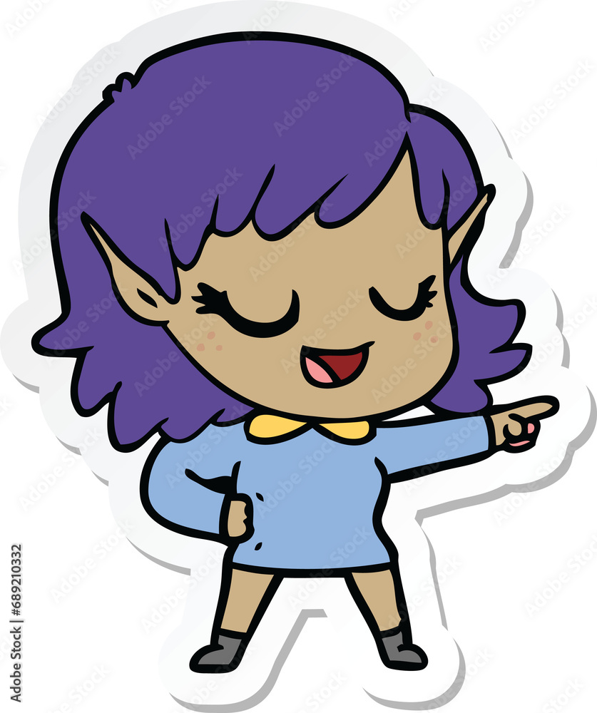 sticker of a happy cartoon elf girl pointing sticker of a happy cartoon elf girl pointing