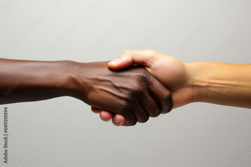 two beautiful hands with different color of skin type handshake on white background - obrazy, fototapety, plakaty 