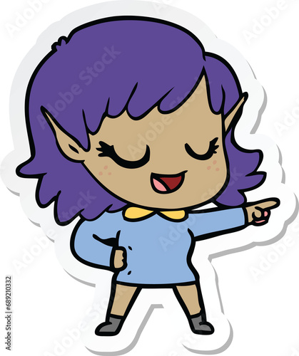 sticker of a happy cartoon elf girl pointing © lineartestpilot
