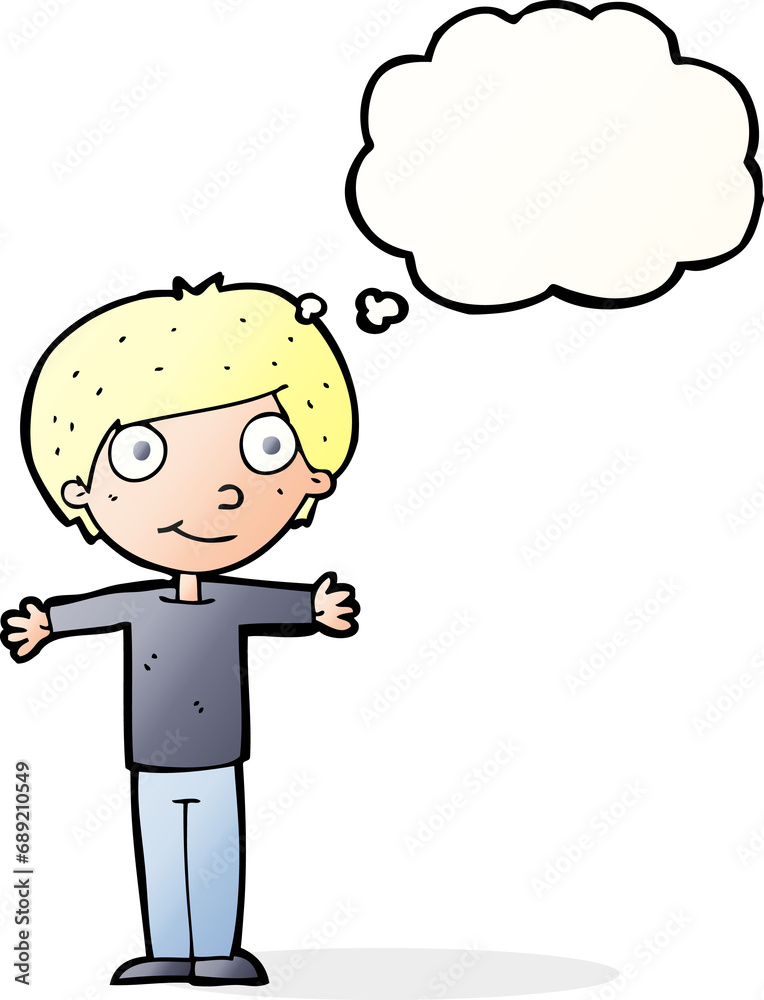 cartoon happy boy with open arms with thought bubble cartoon happy boy with open arms with thought bubble