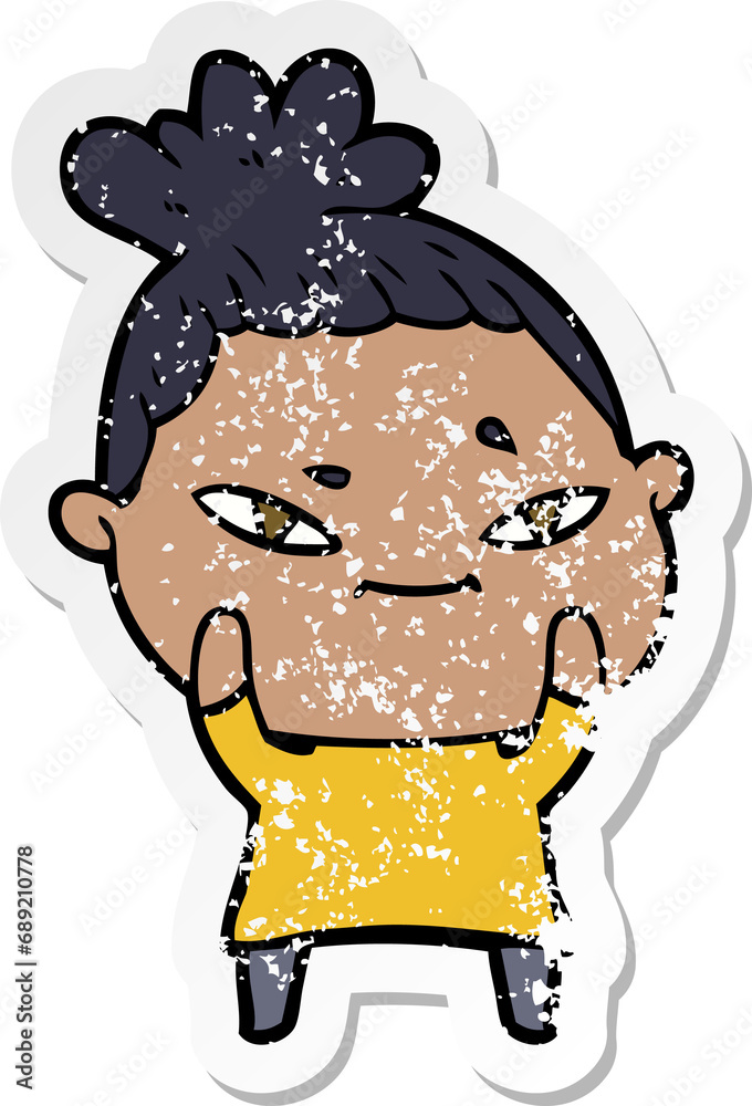distressed sticker of a cartoon woman distressed sticker of a cartoon woman