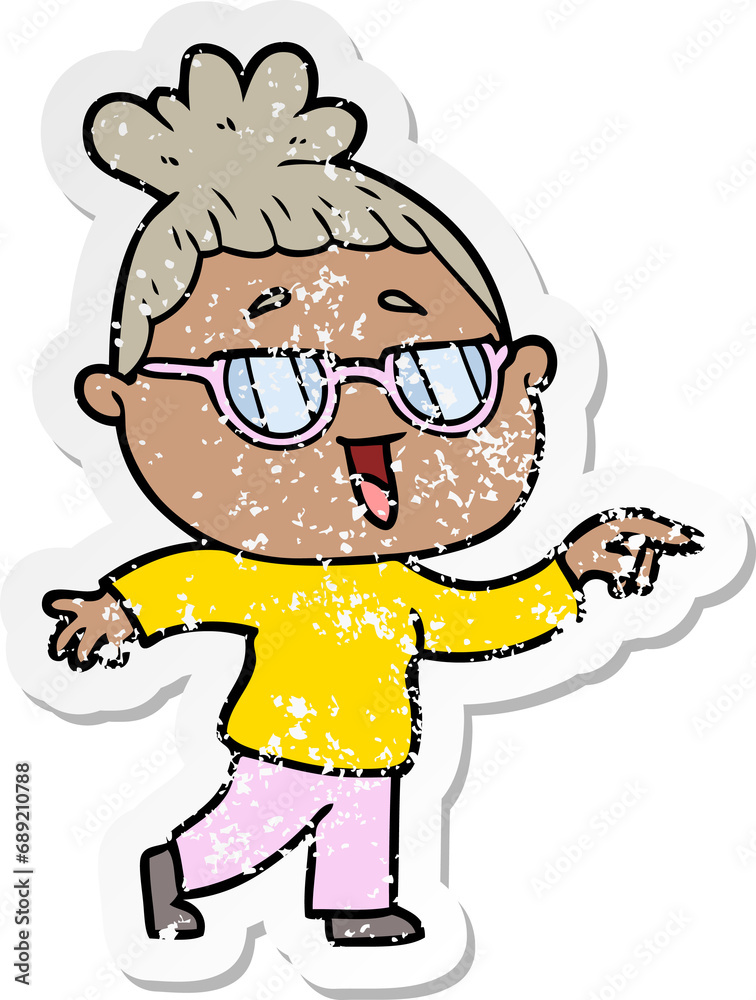 distressed sticker of a cartoon happy woman wearing spectacles