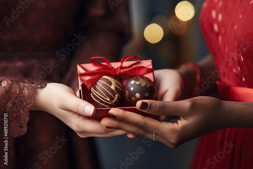 Well-dressed woman scolding another for some chocolates for Christmas. Genrative AI.