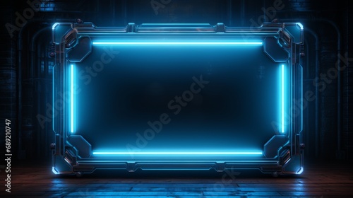 blue neon frame with dark background photo