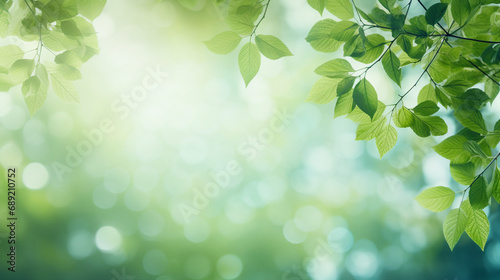 Serene Spring Background with Lush Green Tree Leaves on Blurred Nature Landscape - Fresh Foliage and Sunshine Creating a Vibrant Seasonal Environment.