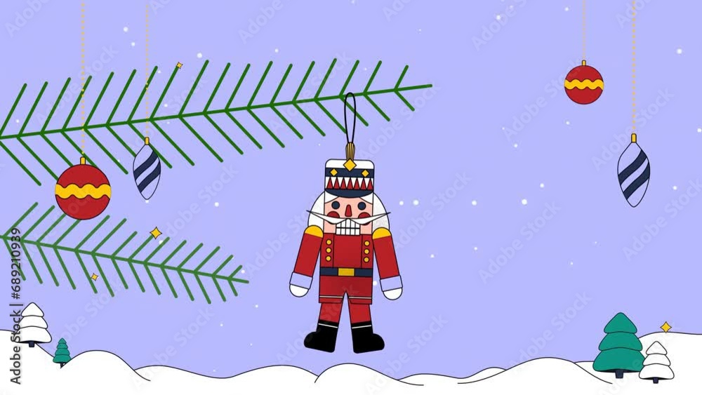 2D animated cartoon Nutcracker hanging from tree branch surround by hanging ornaments. It is talking.