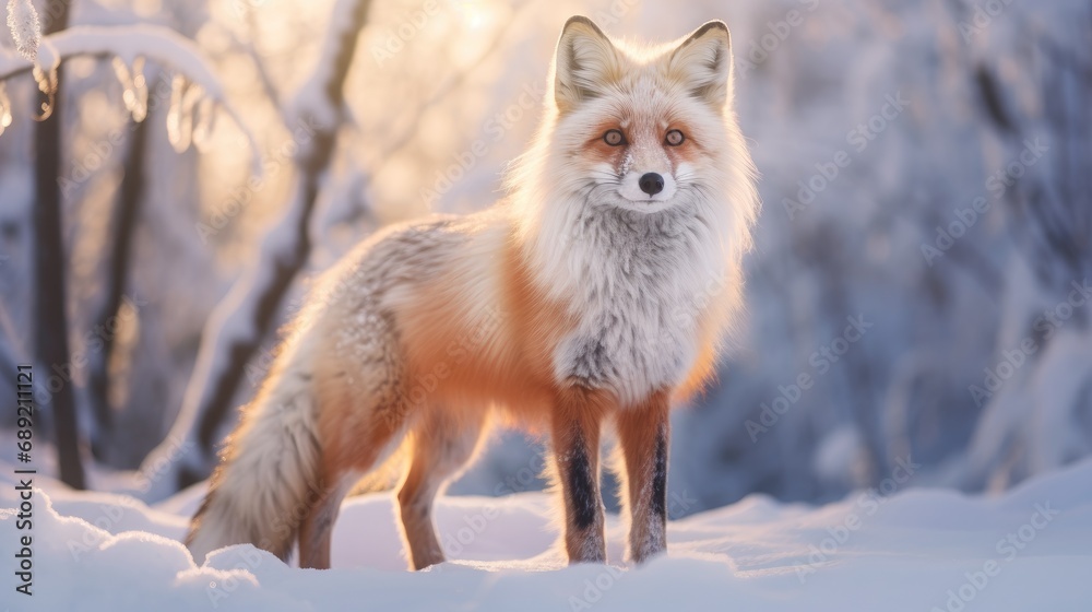 a fox standing in the snow in front of trees a fox standing in the snow in front of trees