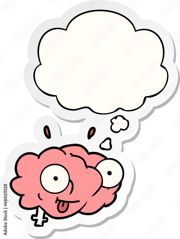 funny cartoon brain with thought bubble as a printed sticker funny cartoon brain with thought bubble as a printed sticker
