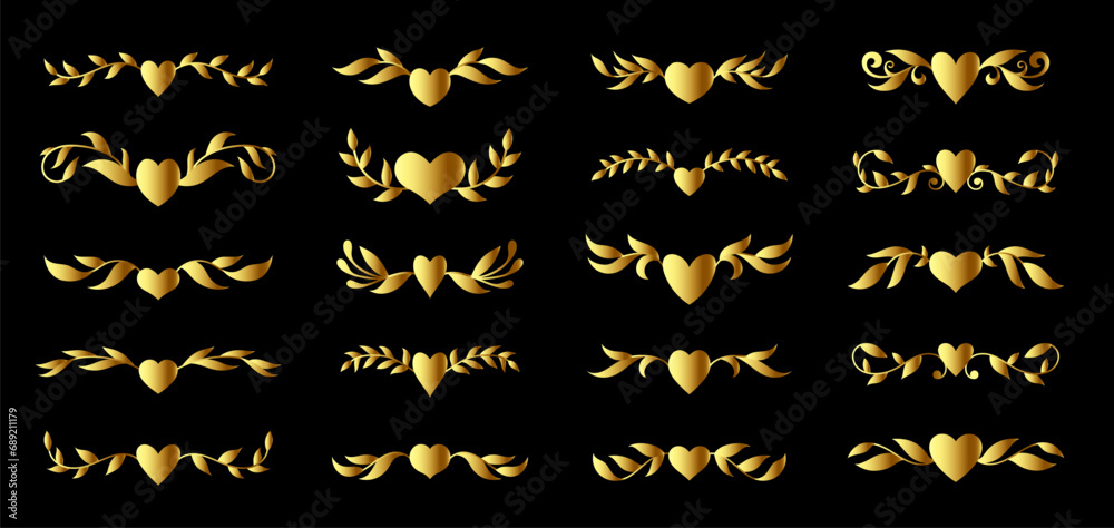 Fototapeta premium Gold brooch with flourish branch and heart shape, ornate branches pattern. Luxury fashion pin, valentine day love card, text divider, wedding invitation decorations