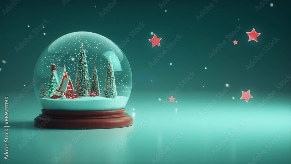 3D rendered intro scene of snow globe, growing Christmas trees and illuminated house inside it, appearing stars around it.