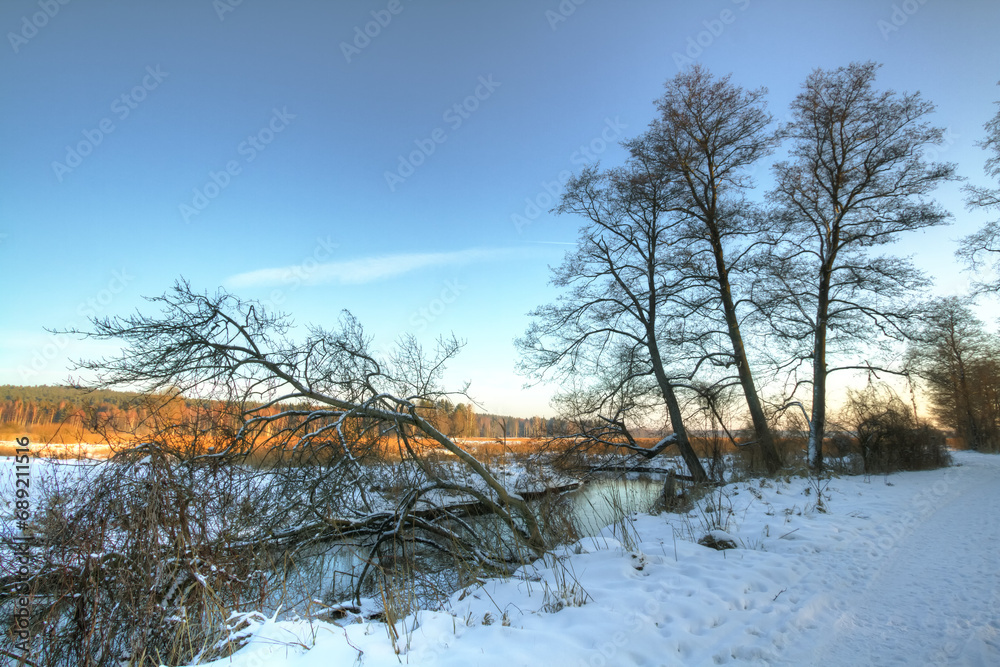 landscape winter trees and fields covered by snow in Poland, Europe on sunny day in winter, amazing clouds in blue sky , river valley landscape winter trees and fields covered by snow in Poland, Europe on sunny day in winter, amazing clouds in blue sky , river valley