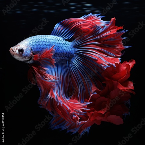 a beautiful betta blue and red fish on black background