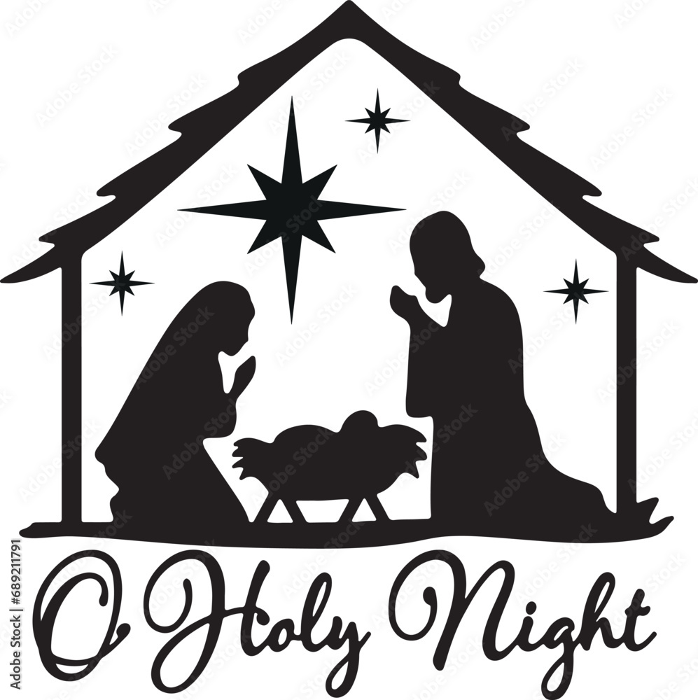 Christmas card O Holy Night with nativity scene Mary Joseph and Jesus
