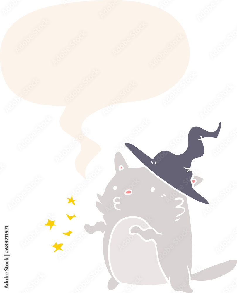 magical amazing cartoon cat wizard with speech bubble in retro style magical amazing cartoon cat wizard with speech bubble in retro style