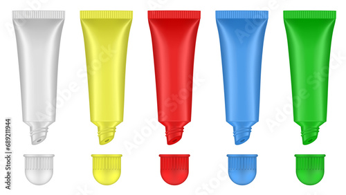 Set of lip gloss tubed. Lip, eye cream, serum. Cosmetic product container mockup. White, yellow, red, blue and green bottles	
