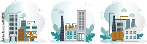 Factory decorative illustrations set. Industrial buildings with chimneys the buildings are made of metal and have a lot of windows.