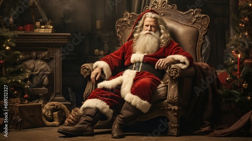 Portrait of Santa Claus sits in an armchair in a beautiful Christmas interior.