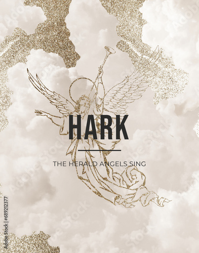 Tableau sur toile Hark the herald angels sing, Golden Angel blowing trumpet