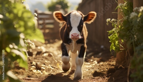 Walking cute Calf in farm photo