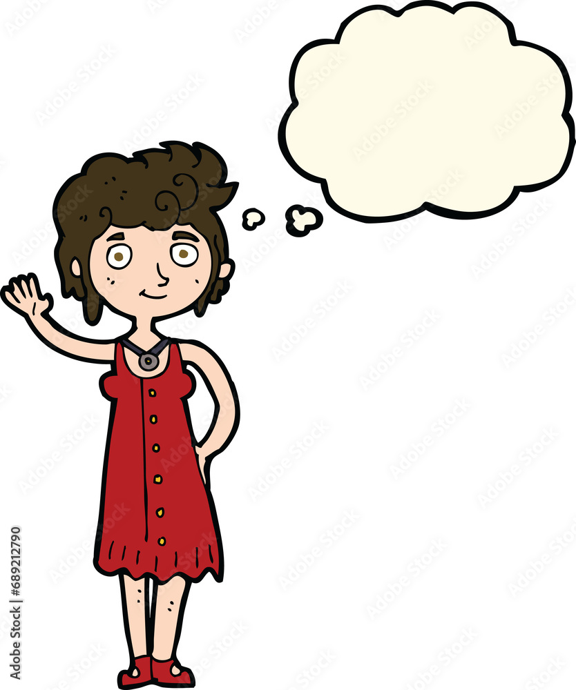 cartoon hippie woman waving with thought bubble cartoon hippie woman waving with thought bubble