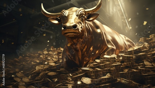 A gold bull figure standing on piles of money photo