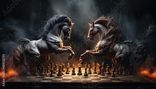 Foto horse chess match on a chessboard with black background