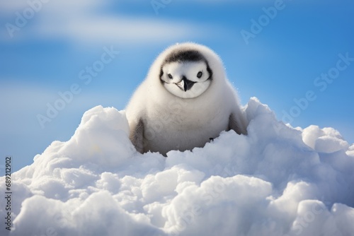 A small white Penguin on the top of the snow shot photo