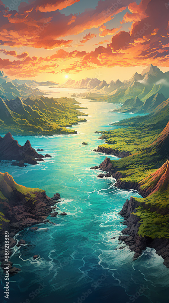 Obraz premium Sunset in the nature in stylized style. Generative Ai