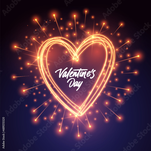 Heart shape golden fireworks lights, glow salute effect, explosion magic shine sparkles. Valentine romantic love greeting card neon fire glitter decor design element. Happy valentines day poster
