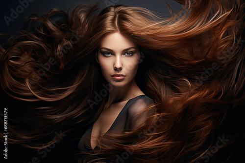 beautiful woman with long brown hair in hairdresser