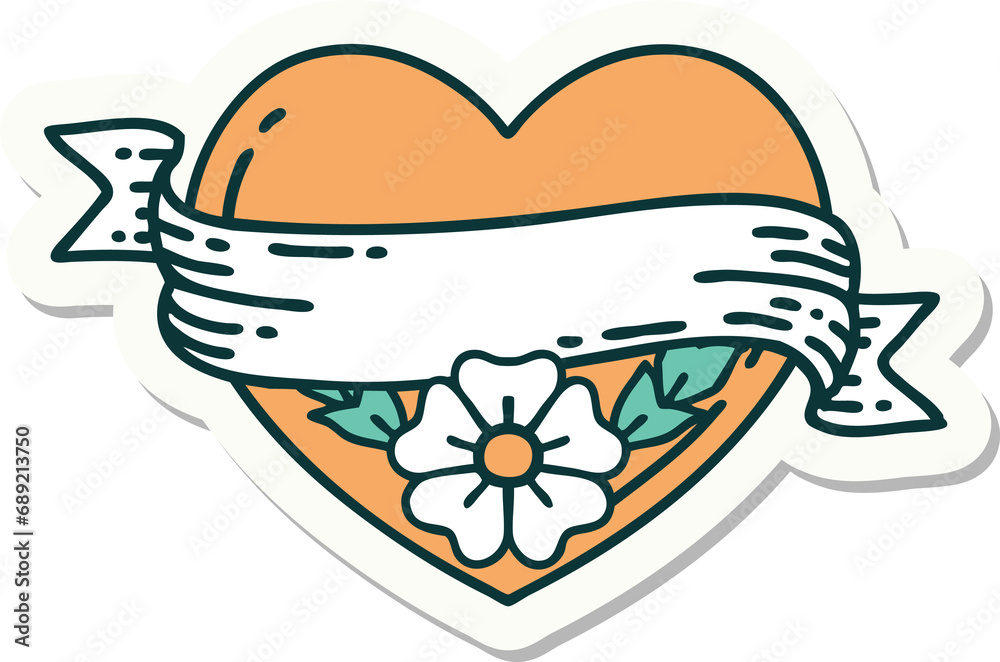 sticker of tattoo in traditional style of a heart and banner with flowers sticker of tattoo in traditional style of a heart and banner with flowers