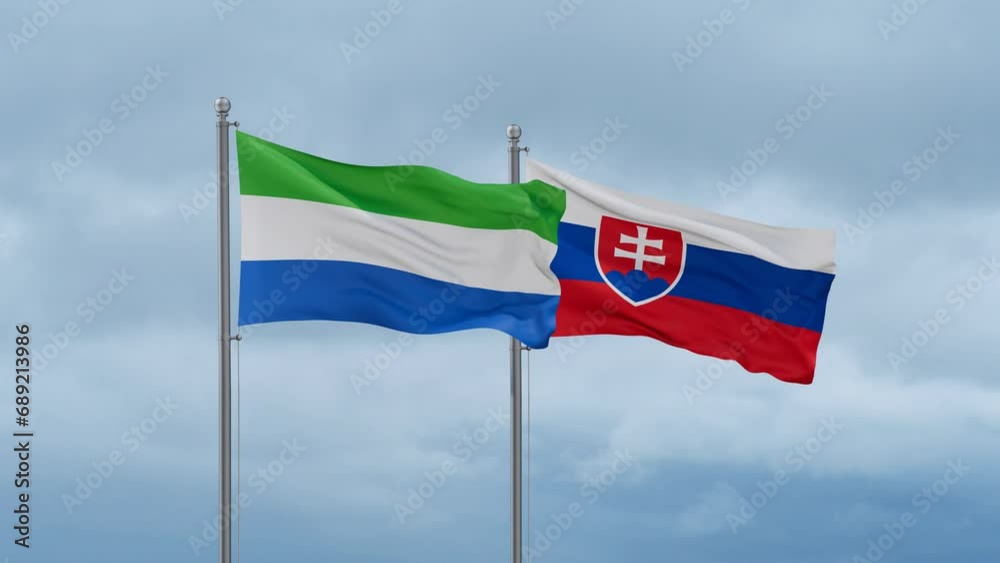Slovak Republic or Slovakia and Sierra Leone flag waving together on cloudy sky, endless seamless loop, two country cooperation concept Slovak Republic or Slovakia and Sierra Leone flag waving together on cloudy sky, endless seamless loop, two country cooperation concept