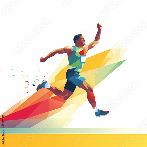 dynamic athlete crossing finish line in a burst of colors illustration