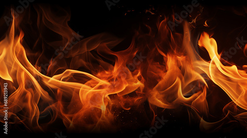 Abstract Fire Texture on Dark Background: Intense Flame and Burning Embers - Artistic Concept Design for Dynamic, Vibrant, and Warm Visuals in Fiery Atmosphere.