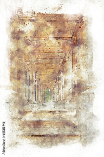 Digital illustration in watercolor style of the Colonnade at the entrance to the Palace of Conservatives in Rome near the Capitoline Square