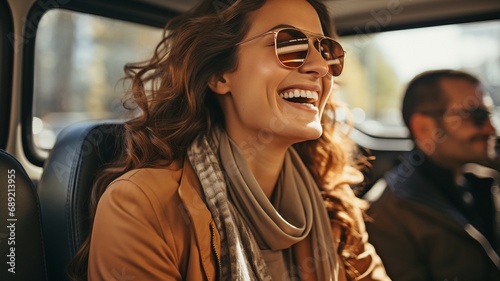 Driving with a male passenger, an Arab woman laughs. © tongpatong