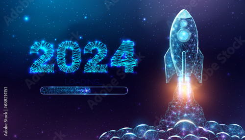 Rocket launch, wireframe polygonal style. 2024 loading start concept with glowing low poly rocket. Futuristic modern abstract background. Vector illustration.