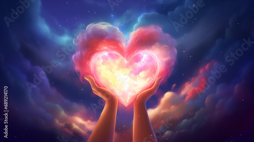 hands cradling a luminous heart among vibrant clouds