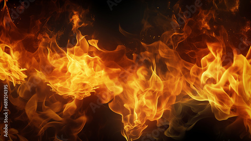 Abstract Fire Texture on Dark Background: Intense Flame and Burning Embers - Artistic Concept Design for Dynamic, Vibrant, and Warm Visuals in Fiery Atmosphere.
