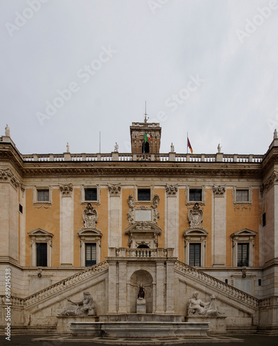 Photo of the historic building of the Palace of Senators and Fountain of the Goddess Roma in Rome next to the Capitoline Square, Italy