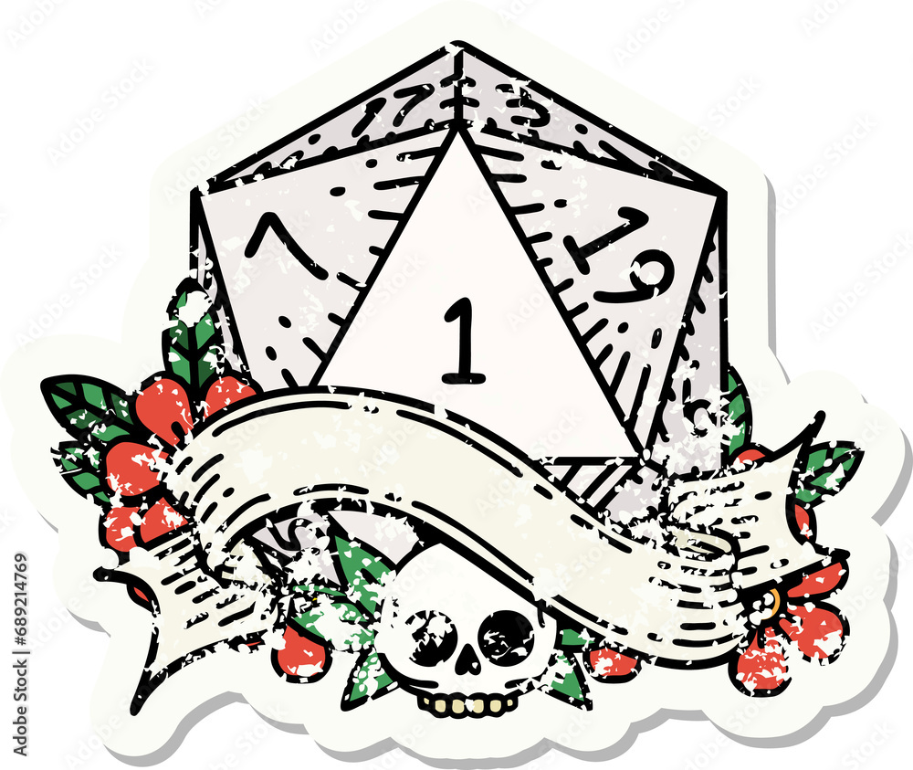 grunge sticker of a natural one d20 dice roll