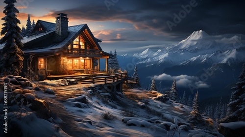 A cozy cabin in a snowy landscape, with smoke gently rising from the chimney and the warmth inside contrasting with the cold beauty outside © Naqash