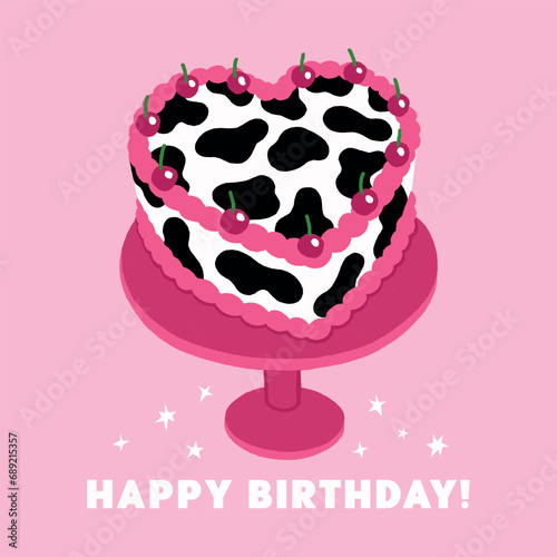 Birthday card, pink colors, heart shaped cake with cherries, cute funny design cowboy party