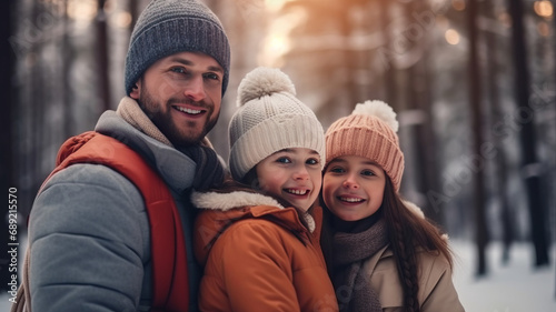 Joyful winter family moments: parents and daughters share smiles outdoors,generative ai