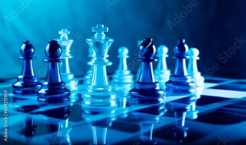 chess pieces on a board. horizontal Wallpaper Creative banner or background. Blue bright colors. strategy and teamwork concept 