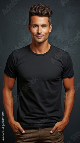 Man in black t-shirt, blank on a bright background with copy space.