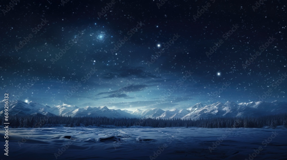 a snowy landscape with mountains and stars in the sky