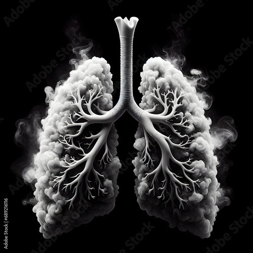 White smoke in the form of lungs, black background with space to place text.