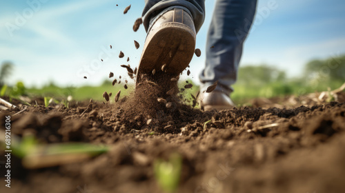 Close-up of a boot digging into soil, symbolizing gardening or farming, with soil particles flying around, indicating the action of working the land. photo